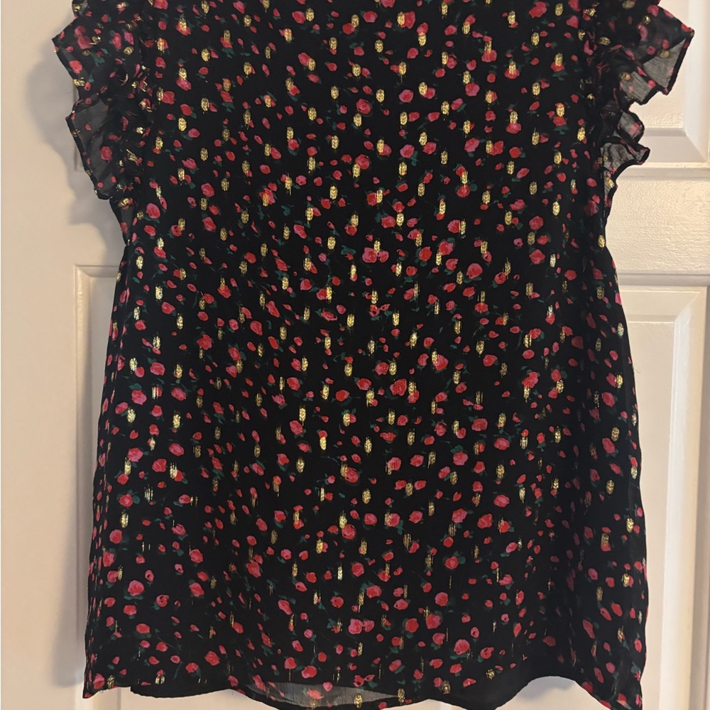 J. Crew Black and Pink Floral Blouse with Ruffled Neckline - Picture 3 of 3